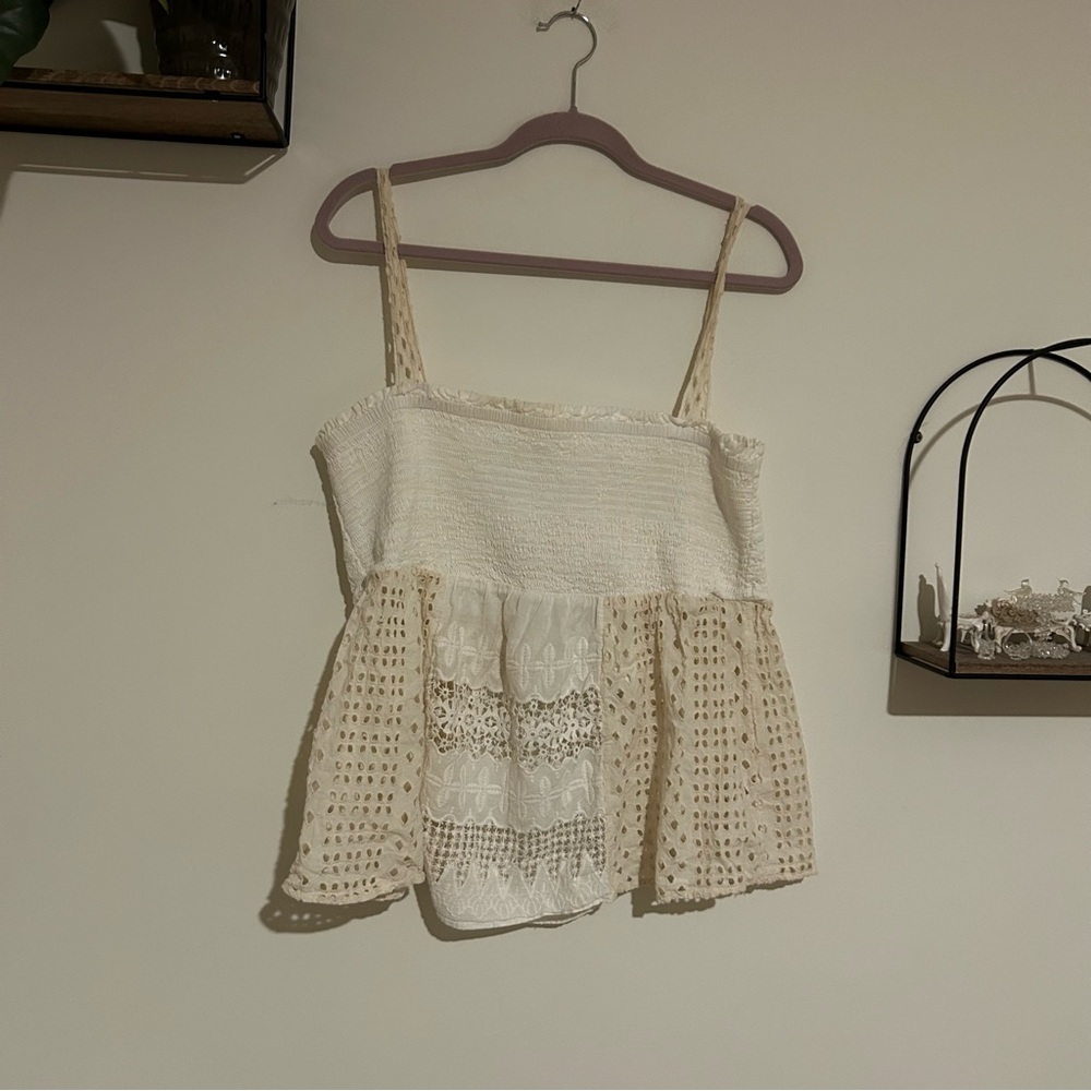 By Anthropologie 100% Cotton Cream Lace Babydoll Sleeveless Cutout Top Size XL